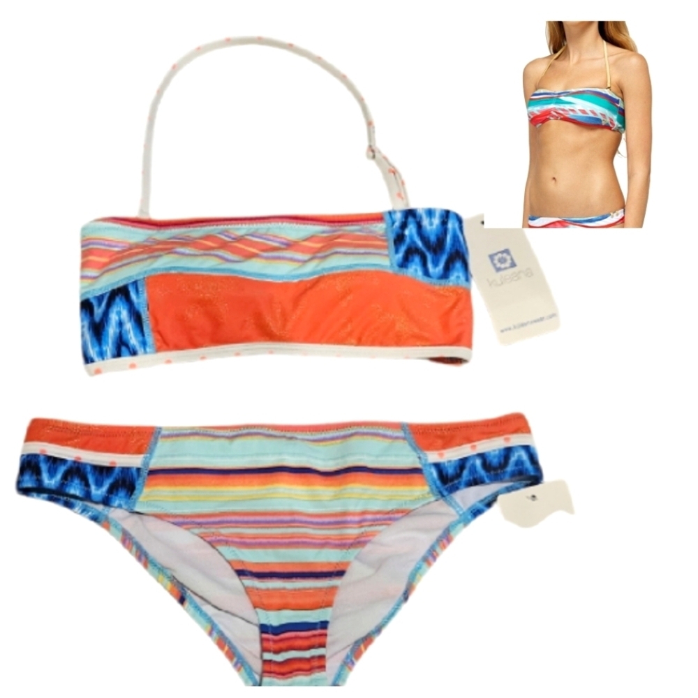 NEW! KULEANA Limited Edition Colorful Striped Bandeau Style Bikini Set Lg.